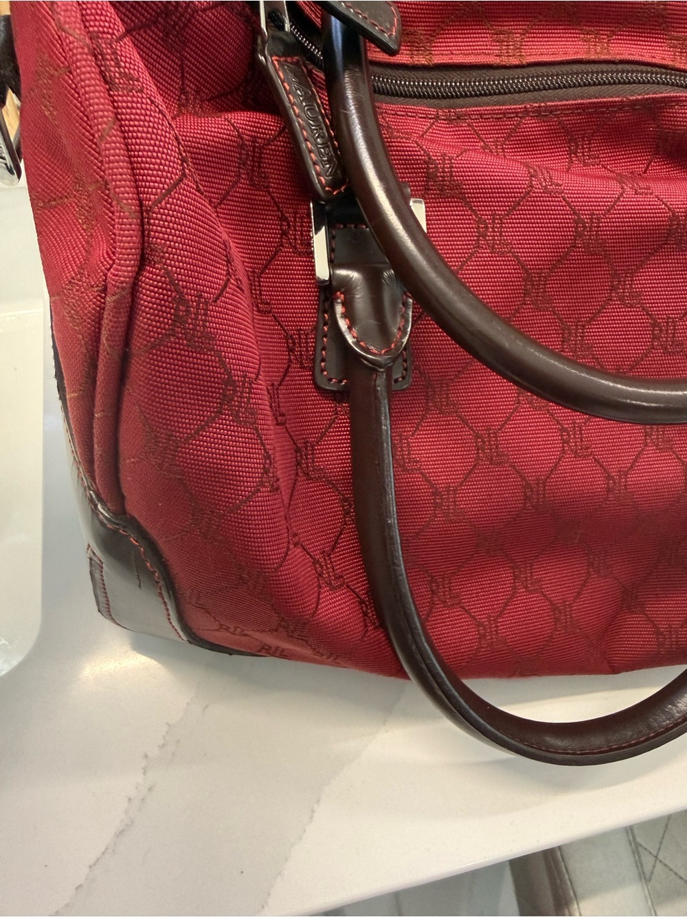 Vintage Ralph Lauren Red Jacquard Monogram Weekender Travel Bag Duffel 14”